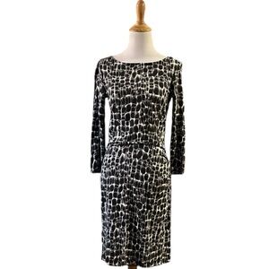 ANN TAYLOR FORM FITTING LONG SLEEVE DRESS GRAY BLACK WHITE SZ 0 XS NEW WITH TAGS
